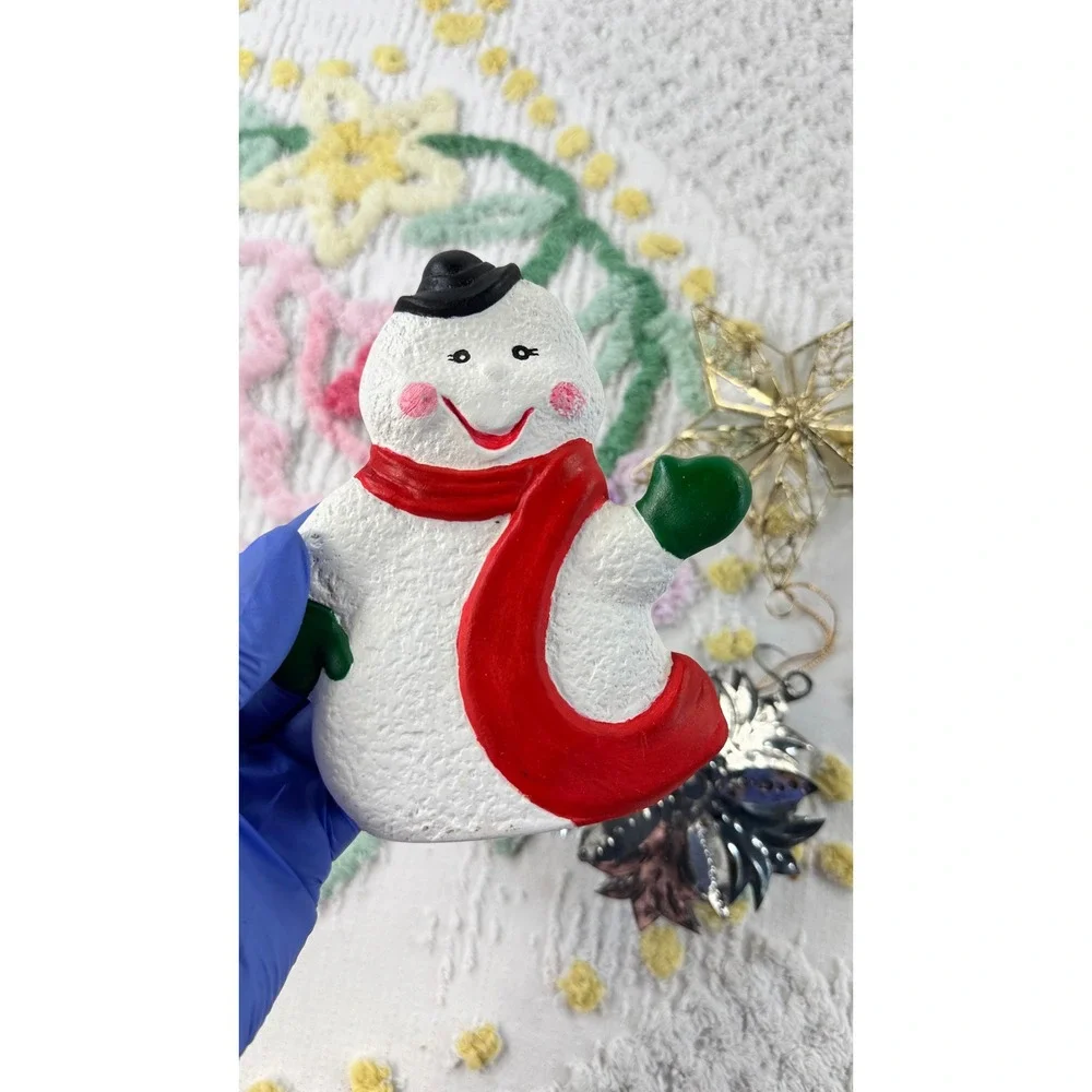 Vintage Christmas Ornament Lot Snowman Ceramic Gold Star Glass Silver Metal 3pc